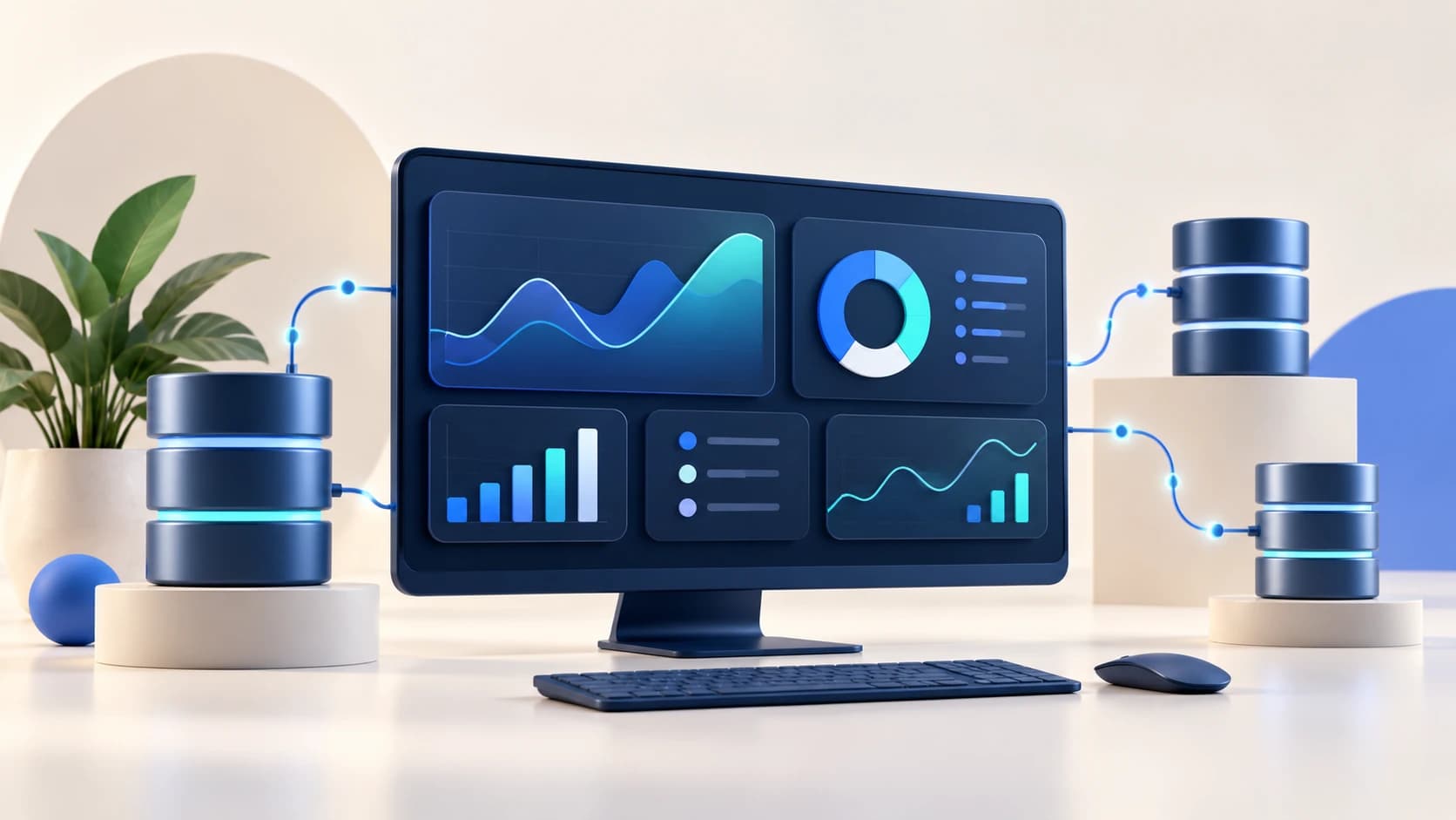 Illustration of a desktop monitor showing dashboard charts connected to database icons