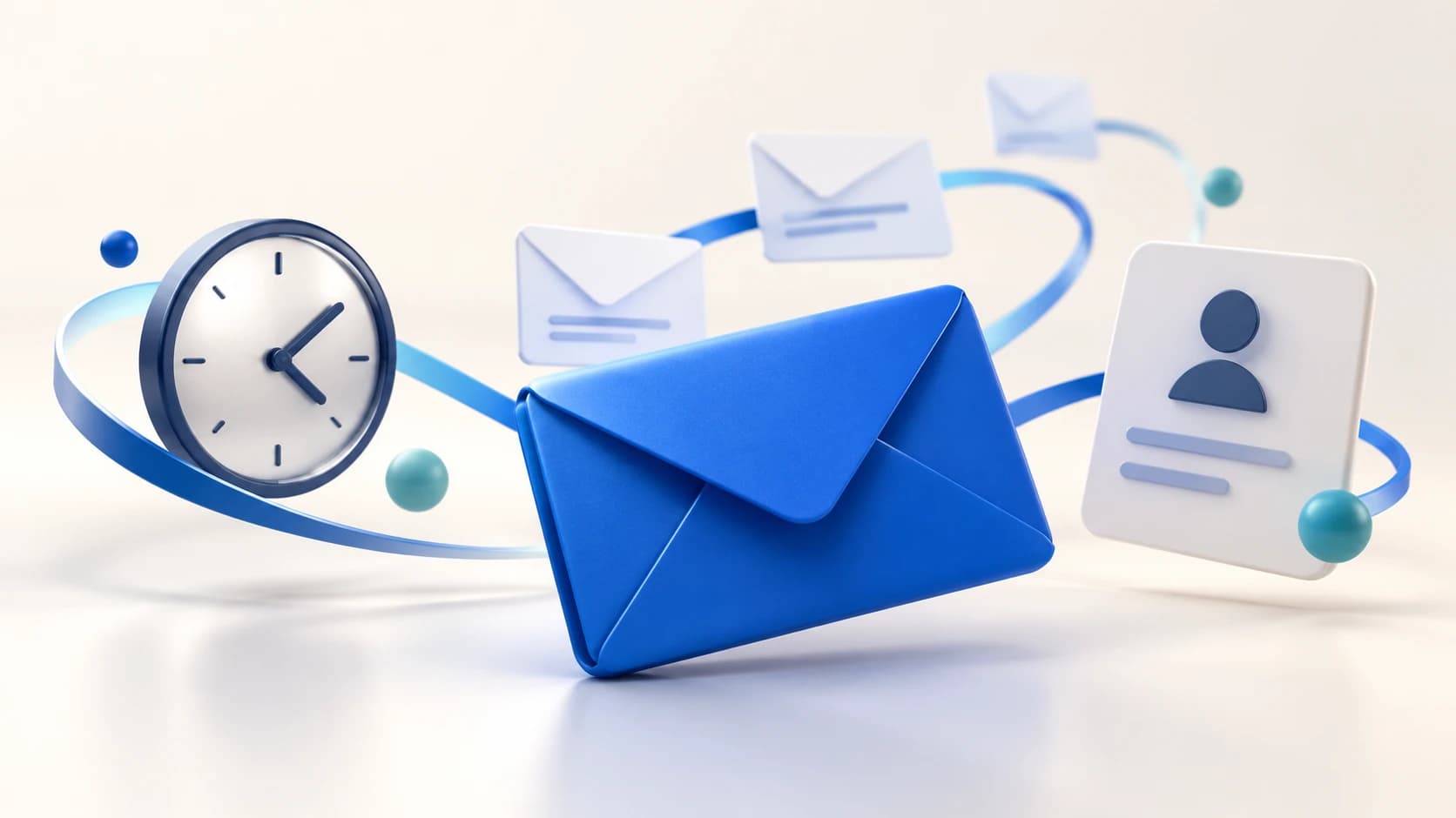Illustration of an email envelope surrounded by follow-up messages, a clock and a contact card