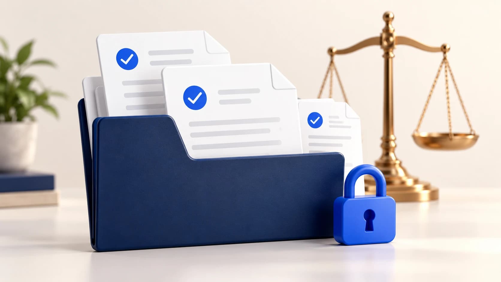 Illustration of a navy folder of checked-off documents beside a padlock and the scales of justice